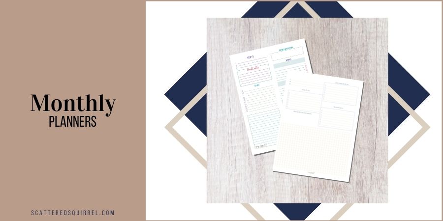 An assortment of monthly planning printables to help you plan ahead and stay on track with your goals, appointments, events, and more.